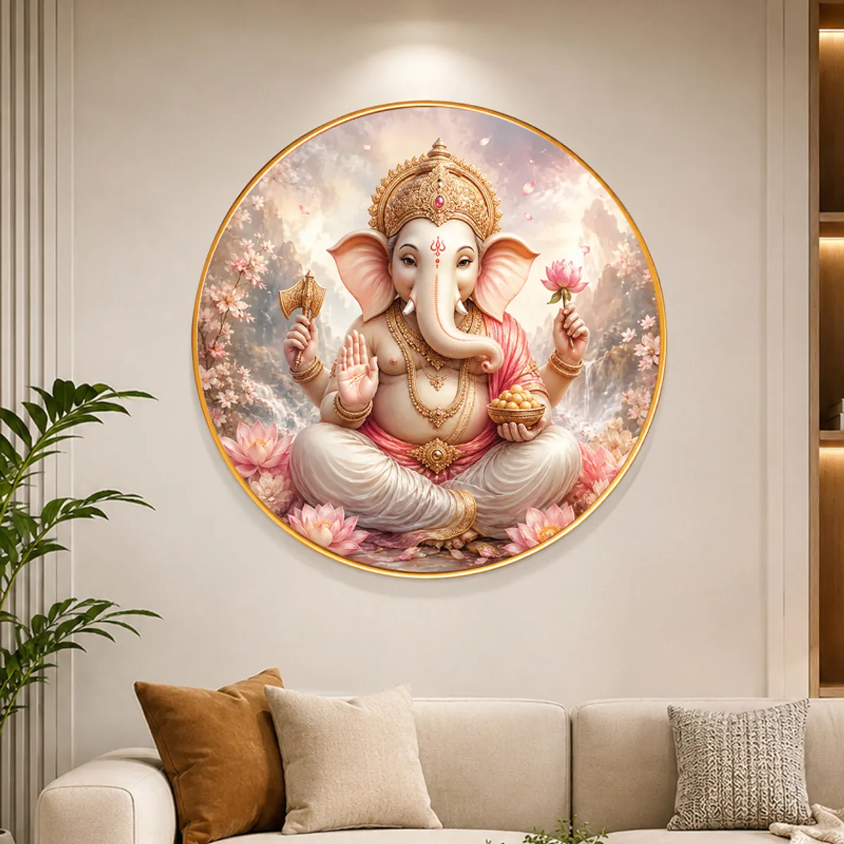 Round multicolour Lord Ganesha wall art above a beige sofa