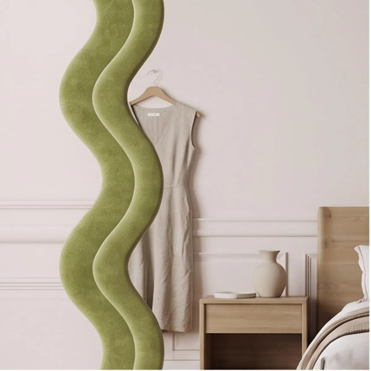 Close view of the green textured wavy frame beside a bedroom setting.