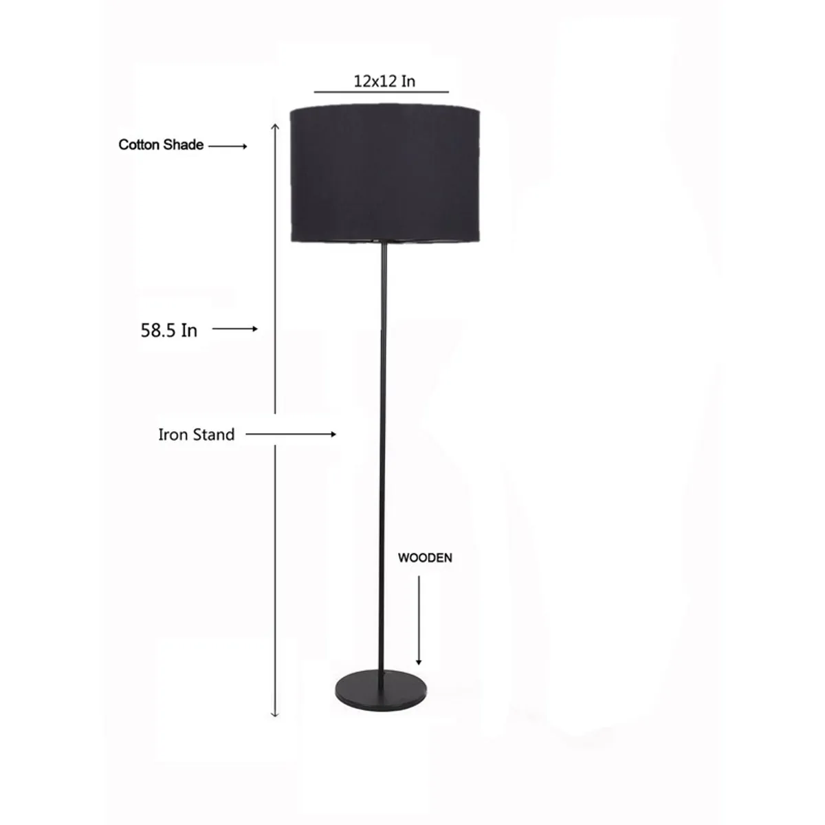 Black floor lamp isolated on white with measurement arrows around it