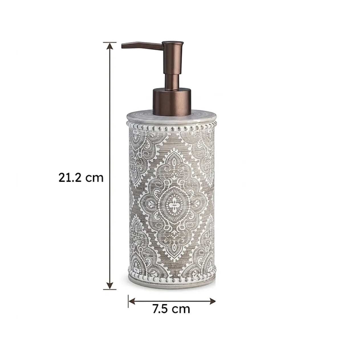 Grey patterned soap dispenser with bronze pump on white background