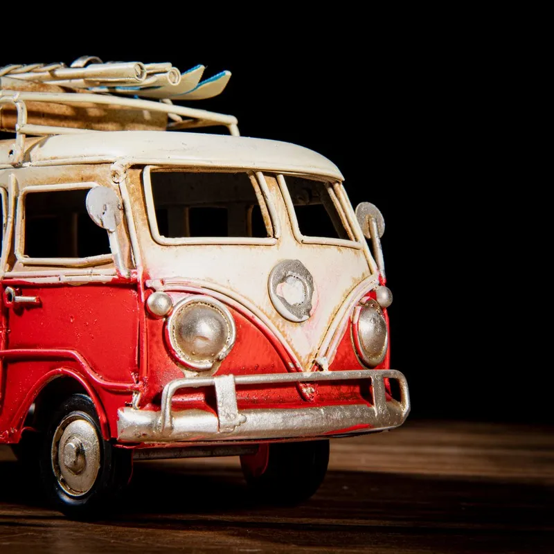 Close-up of the front of the red and ivory caravan showpiece