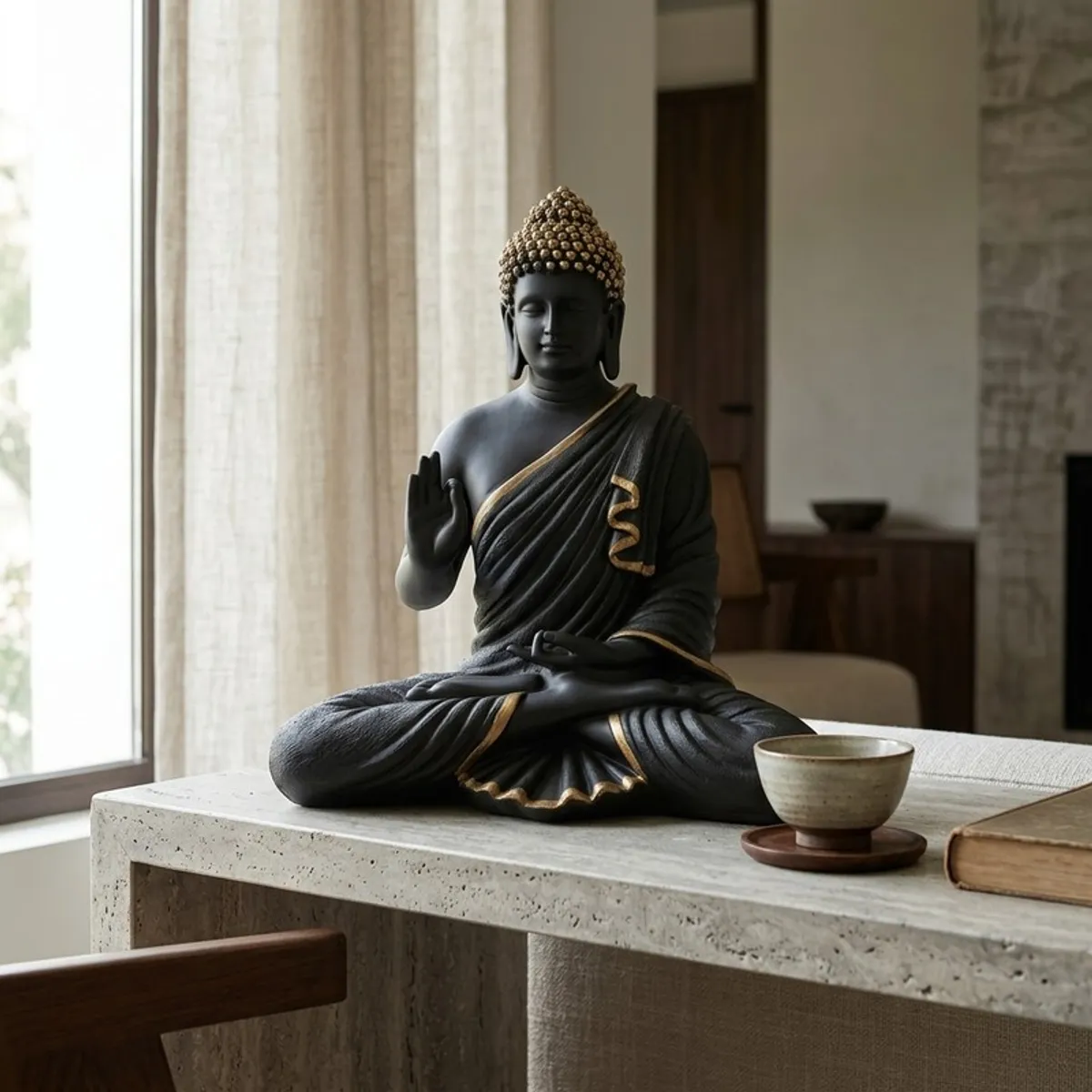 Black and gold meditating Buddha idol displayed on a light-toned console