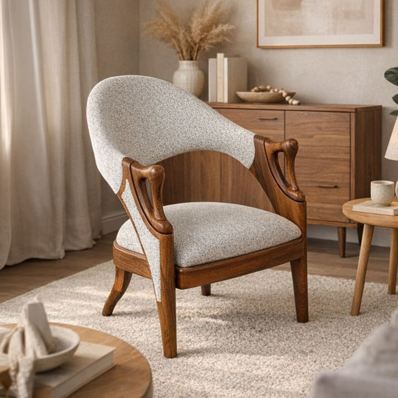 Aldermere Teak Wood & Velvet Accent Chair - Grey