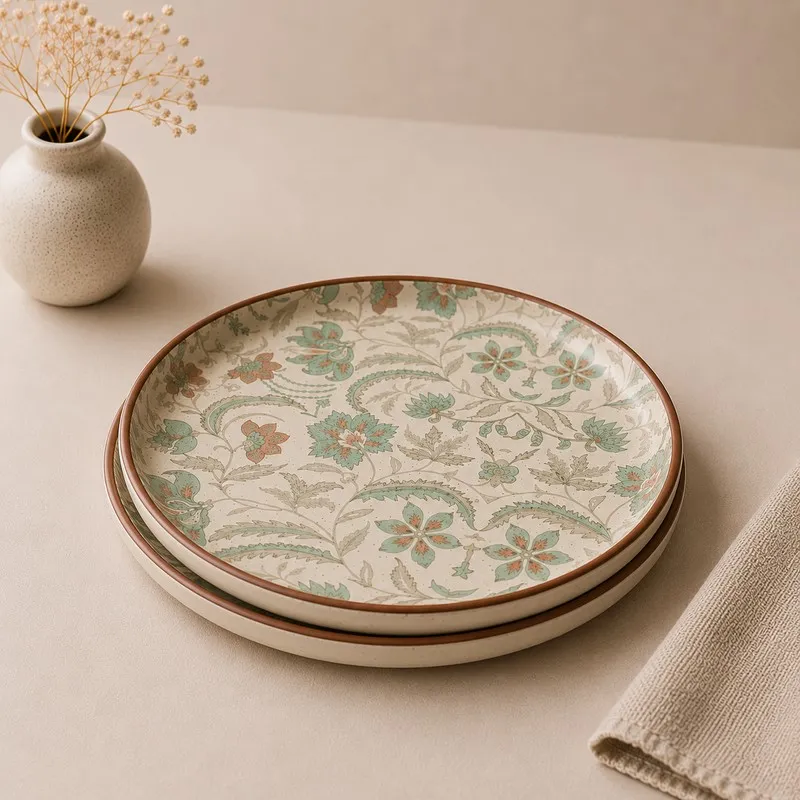 Stacked set of two beige and green patterned ceramic dinner plates