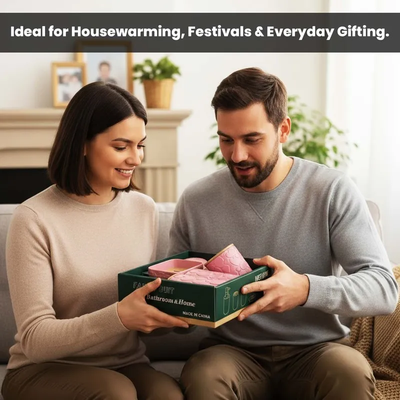 Pink bathroom accessories presented as a housewarming or gifting set
