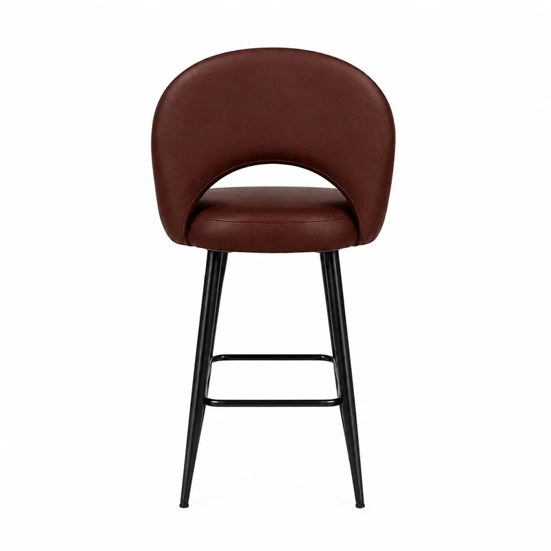Back view of brown bar chair with curved upholstered back and black metal legs