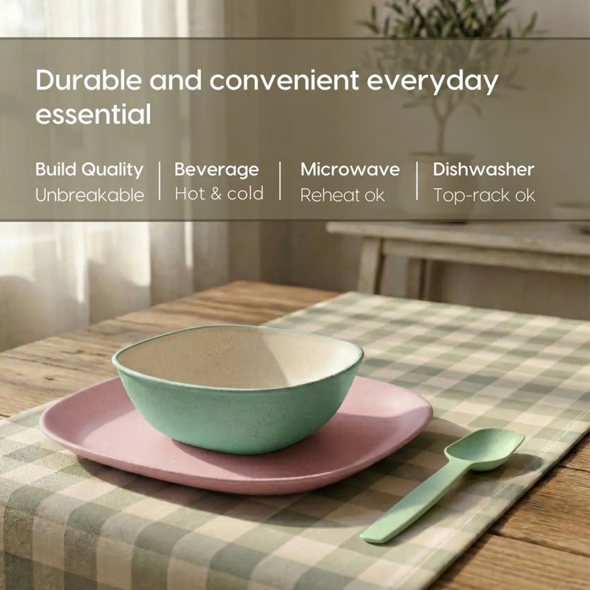 Green bowl, pink square plate and spoon styled on a checked table runner
