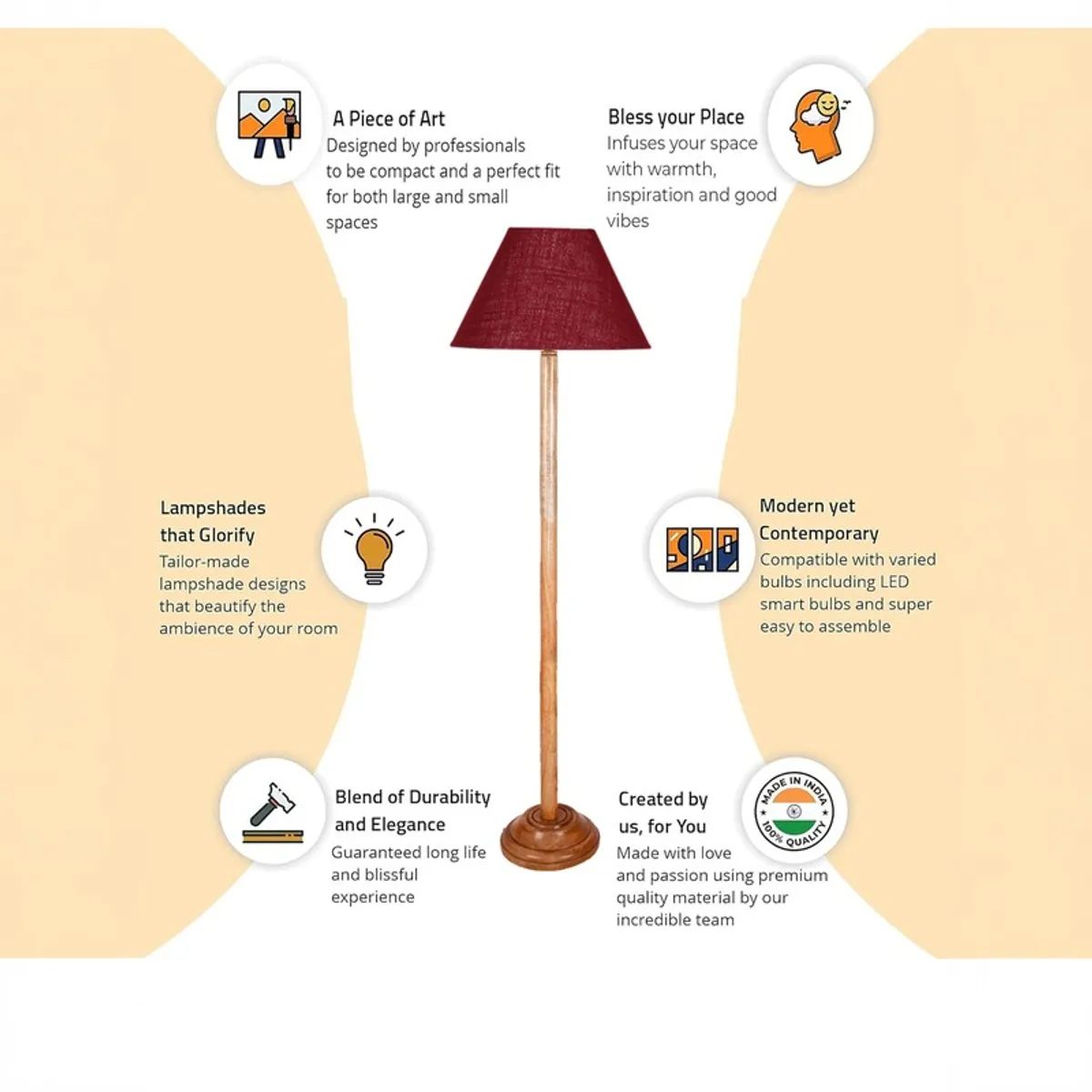 Promotional graphic showing the burgundy jute wooden floor lamp with icons and text
