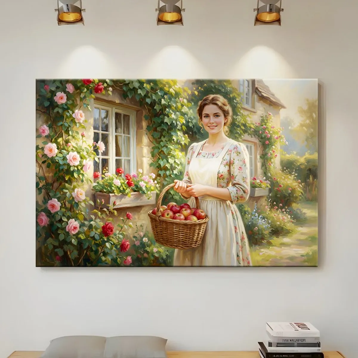 Large floral cottage canvas displayed on a wall under warm spotlights