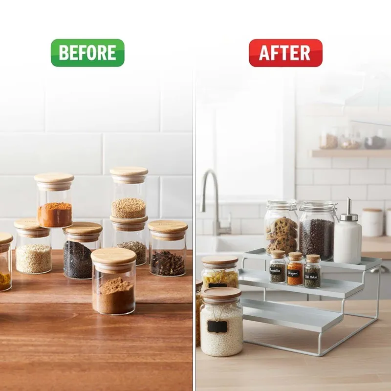 Before and after countertop organisation with a white tiered metal organiser