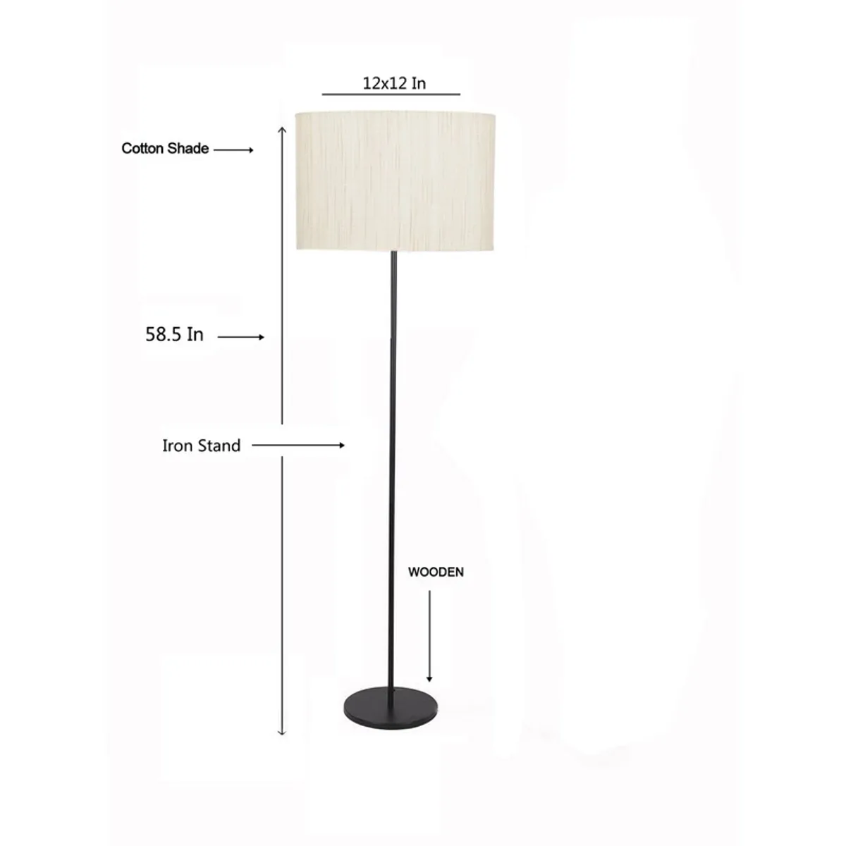 Front view of the floor lamp on white background with measurement arrows