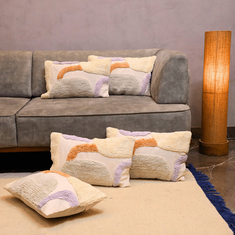 Tufty Dreamscape Tufted Cushion Cover (Beige & Orange) - Set Of Five