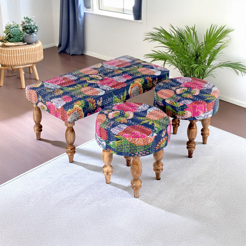 Drexo Sheesham Wooden Stools (Multicolor) - Three Piece Set