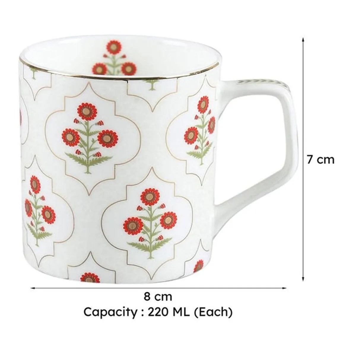 Ivory floral tea cup shown with visible size markings beside it.