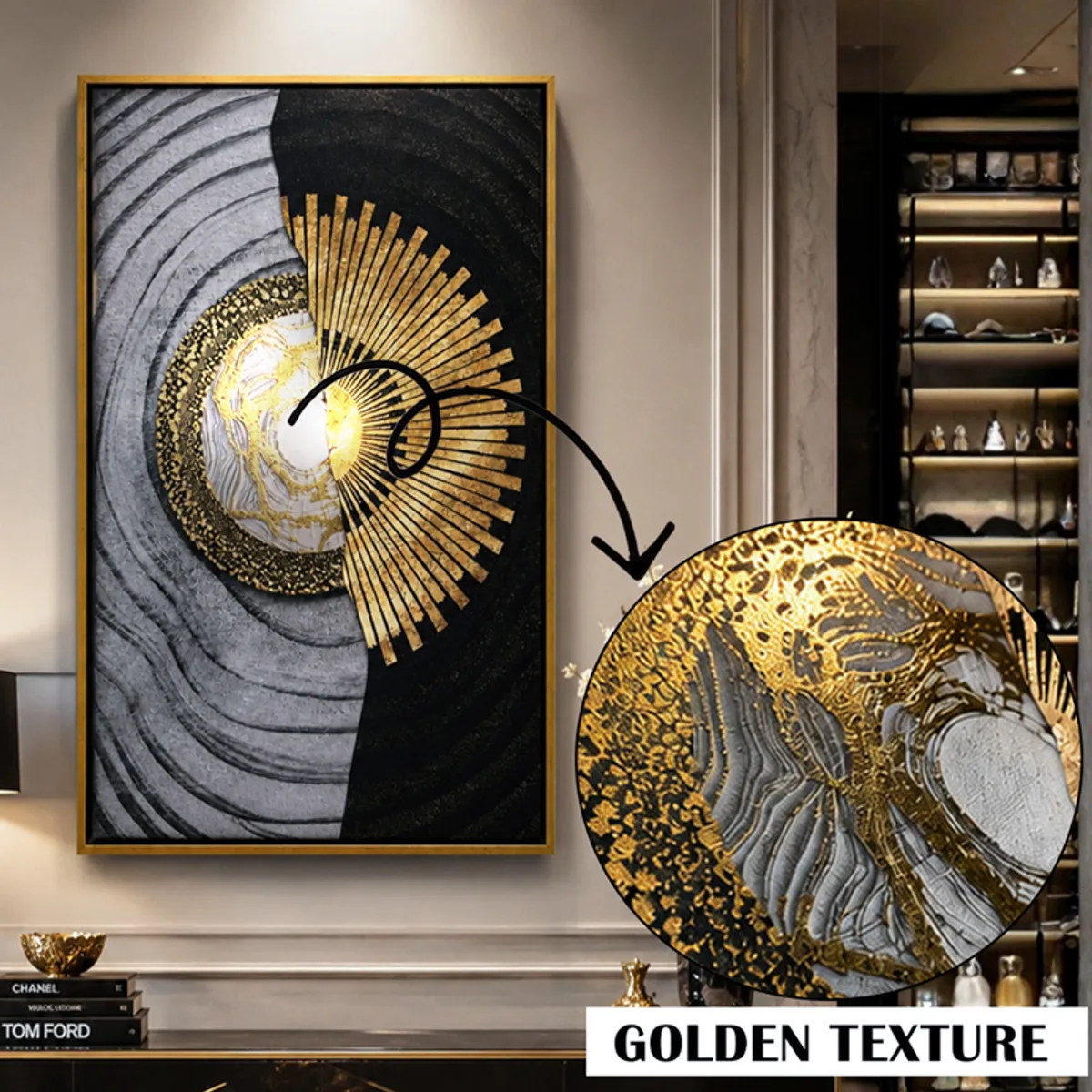 Abstract canvas wall art with magnified view of gold textured detailing