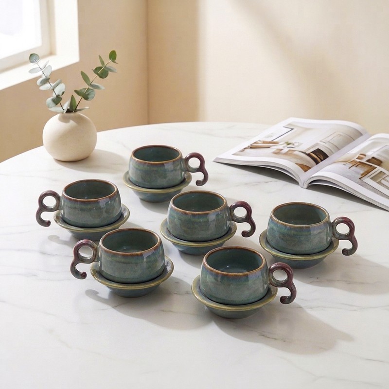Cafe Charm Ceramic Cup & Saucer Set (Teal/200 mL Each) - Set of Six - 200 mL