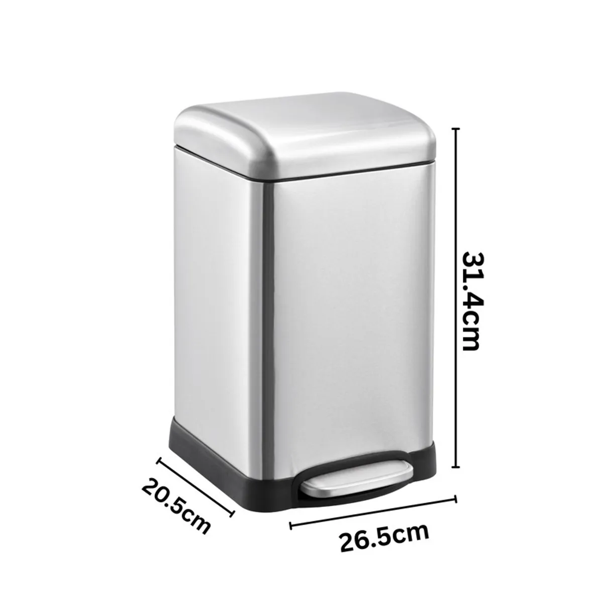 Silver metal dustbin with dimensions shown against a plain background