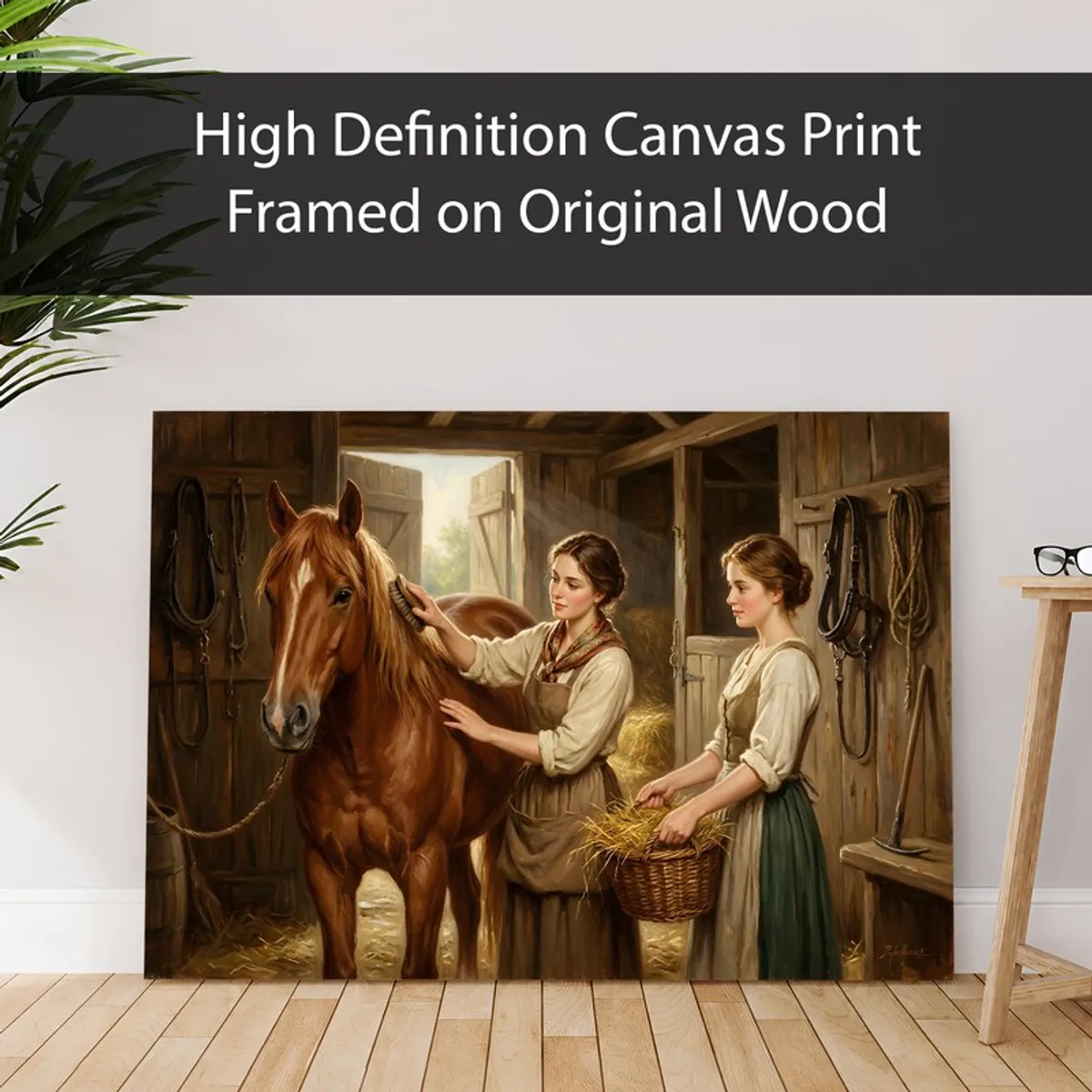 Canvas print with equestrian figurative artwork leaning against a wall indoors