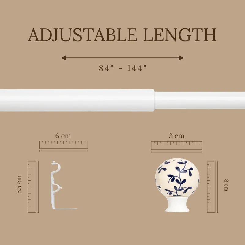 Extendable white curtain rod with blue patterned finial shown with size graphic