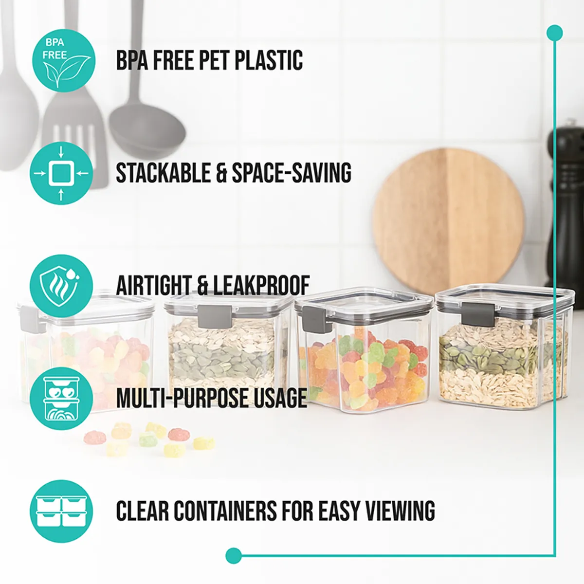 Four clear square containers with black lids shown with feature icons