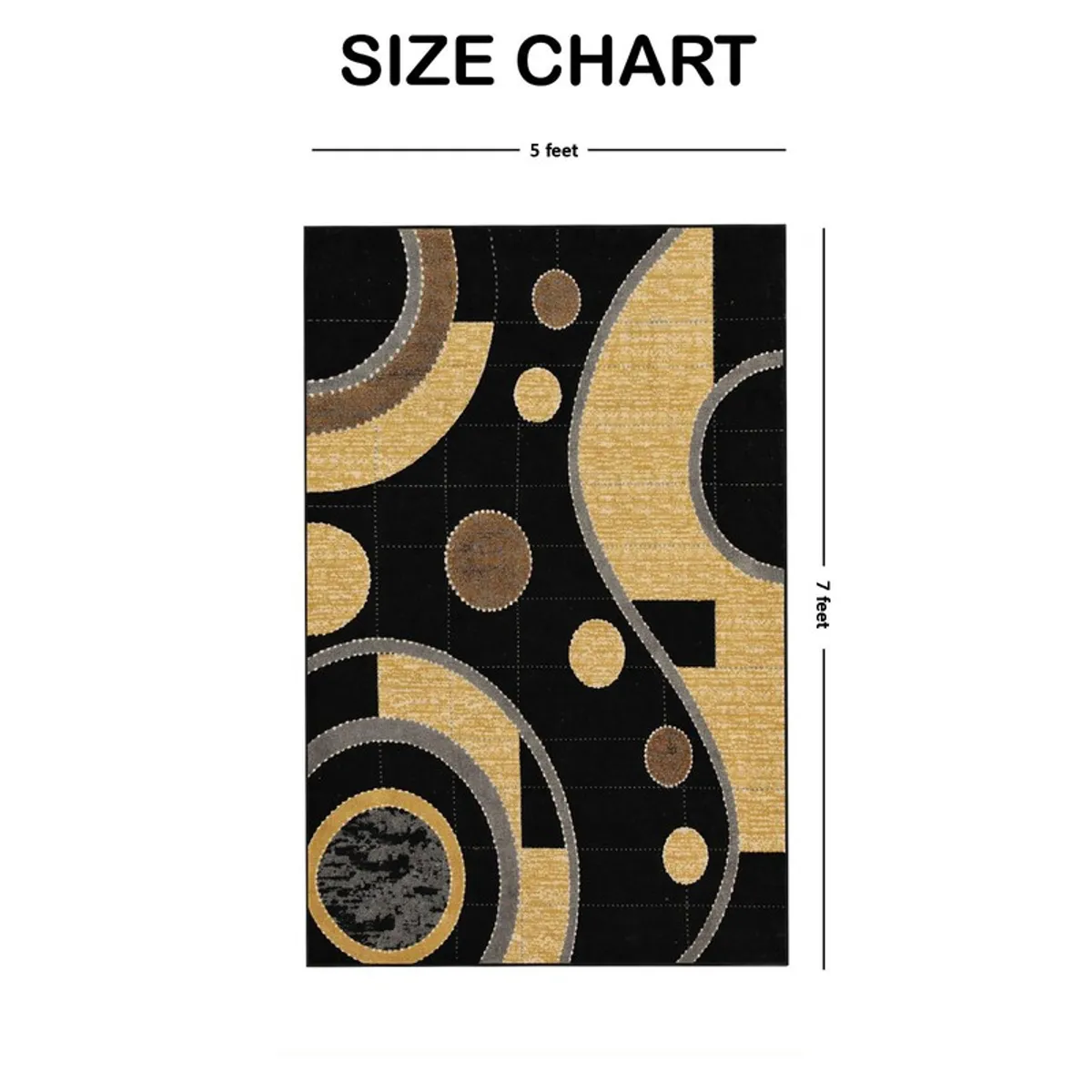 Black and beige abstract rectangular carpet shown with 5 x 7 proportion