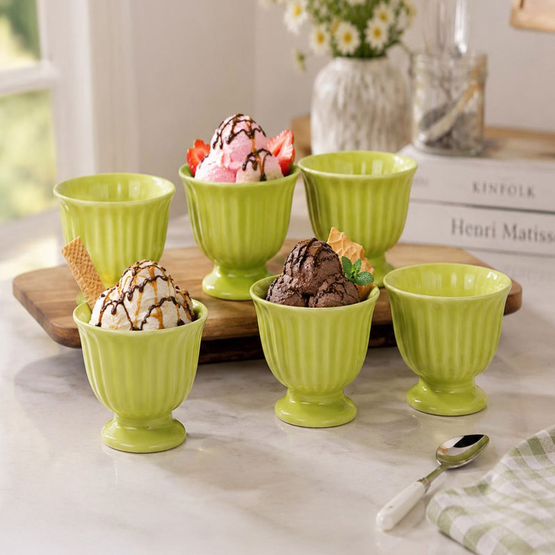 Amore Ceramic Ice Cream Cup (160 mL Each/Green) - Set of Six