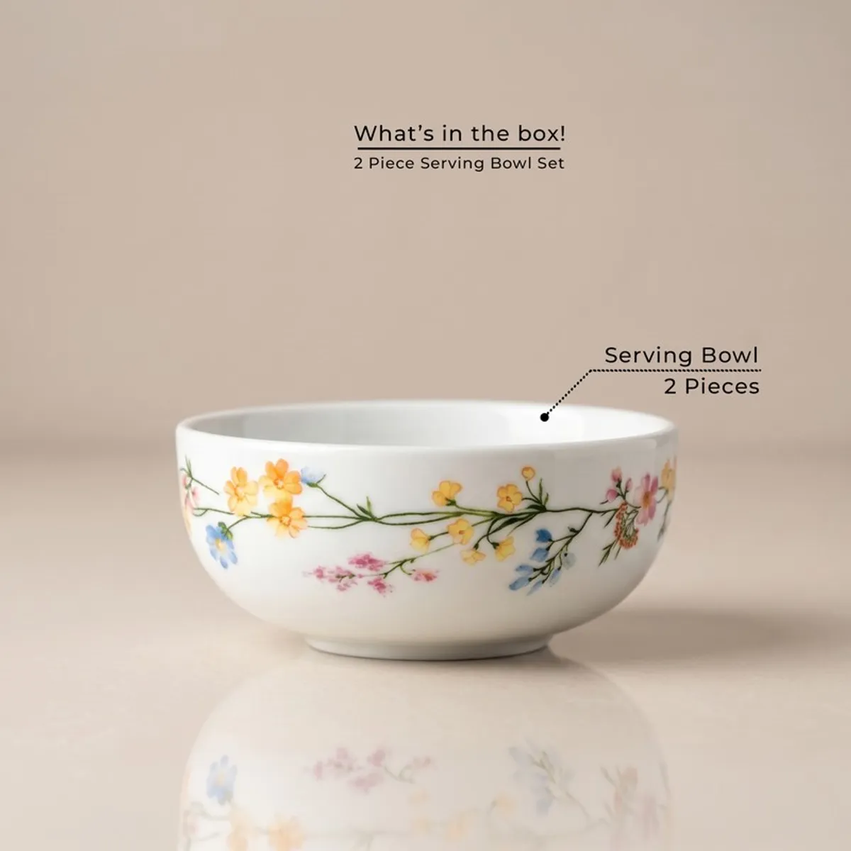 Single round white serving bowl with multicolour floral vine pattern