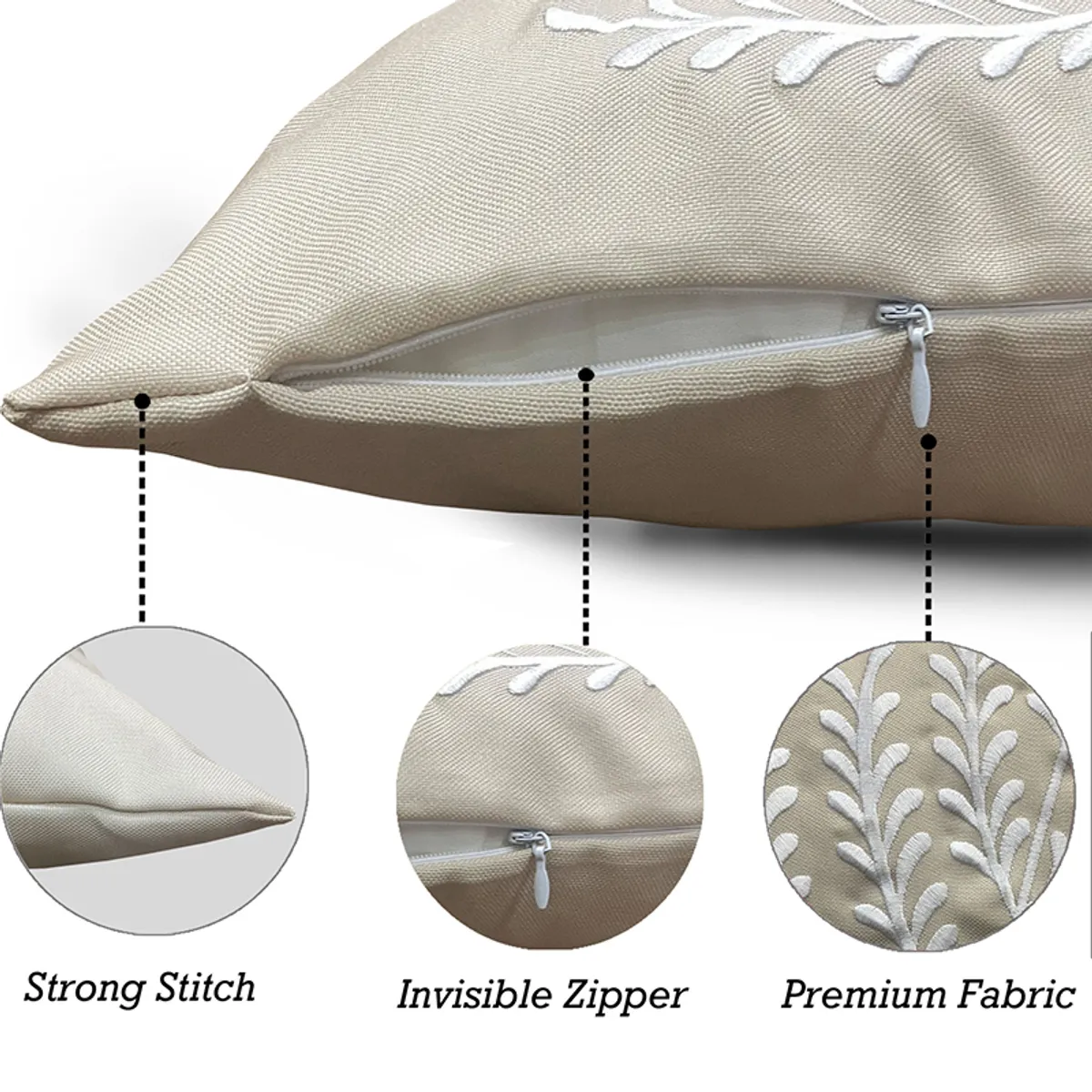 Close-up of a beige cushion cover showing its zip closure and embroidered detail