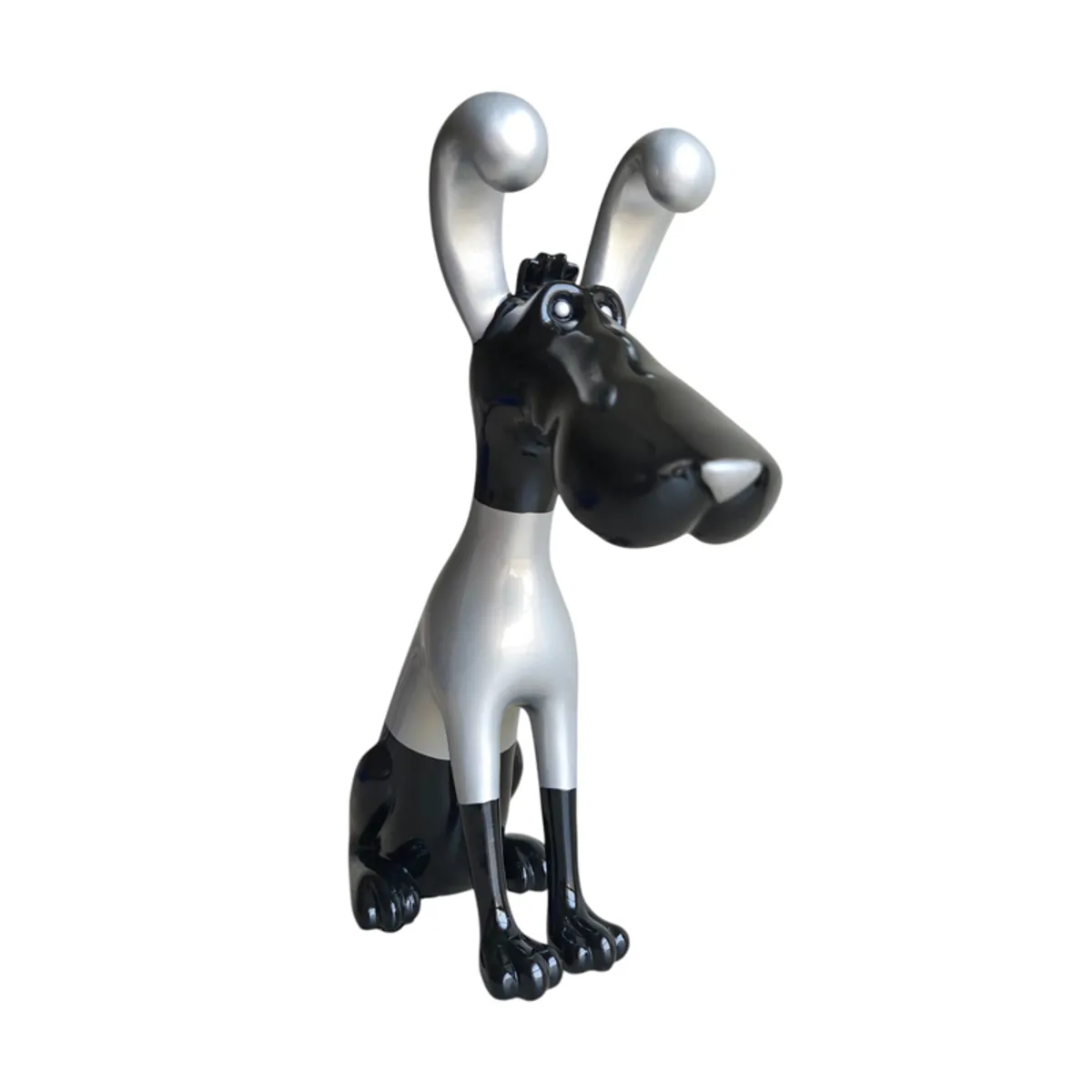 Angled view of a glossy abstract hound sculpture with silver ears