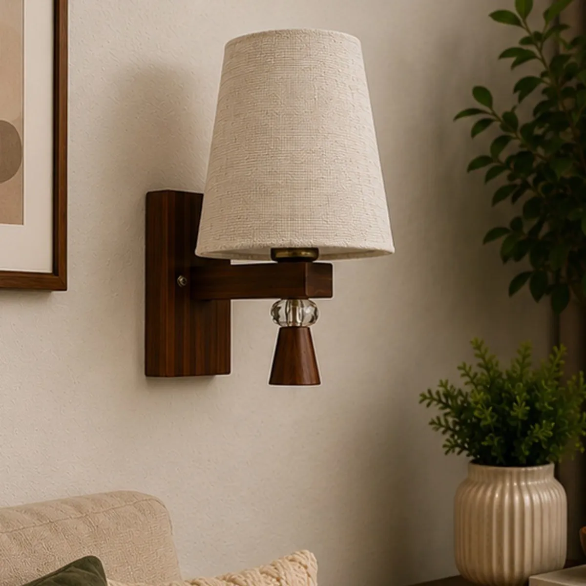 Close view of a beige textured wall lamp with a dark wood base on a neutral wall.