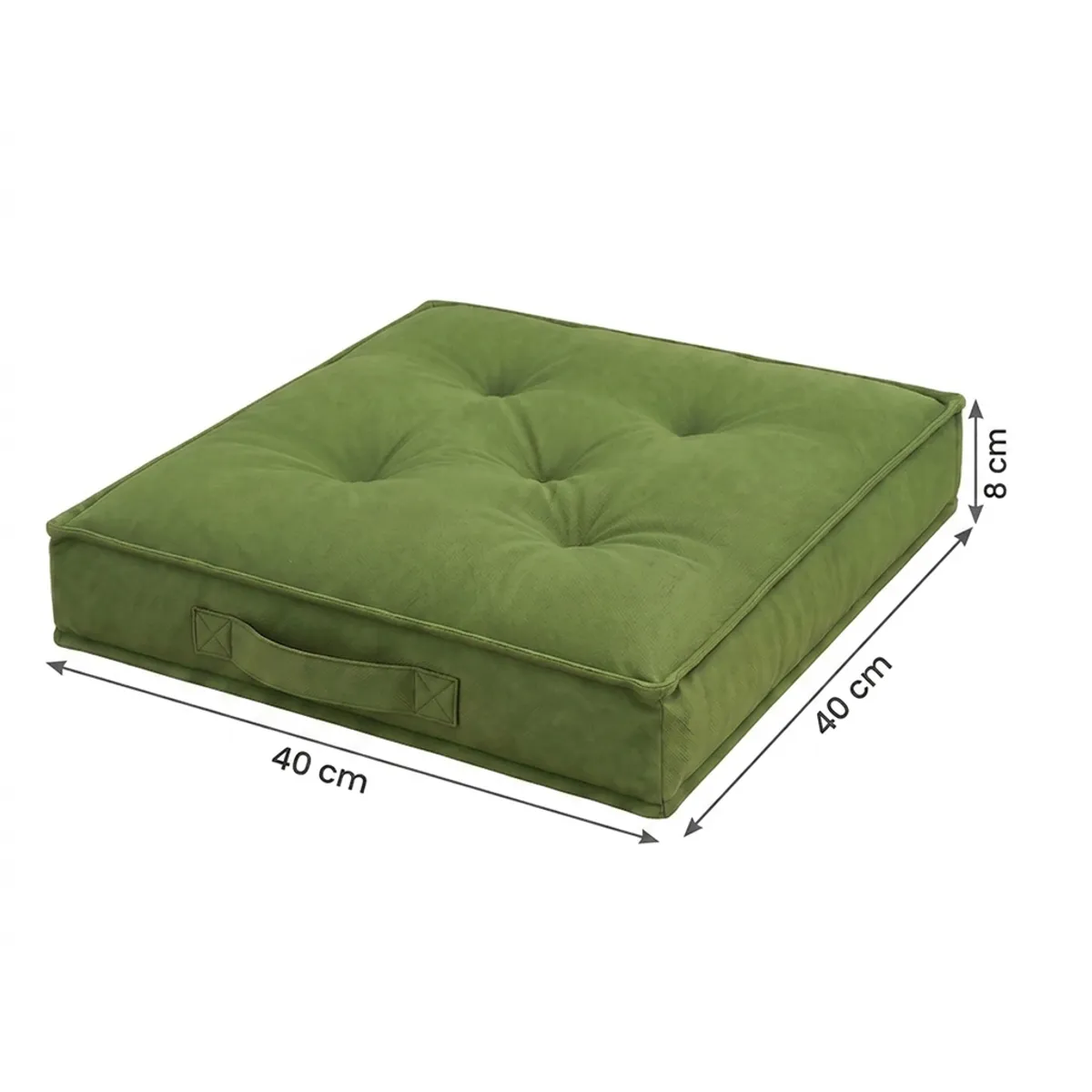 Green square floor cushion with visible dimensions marked around it