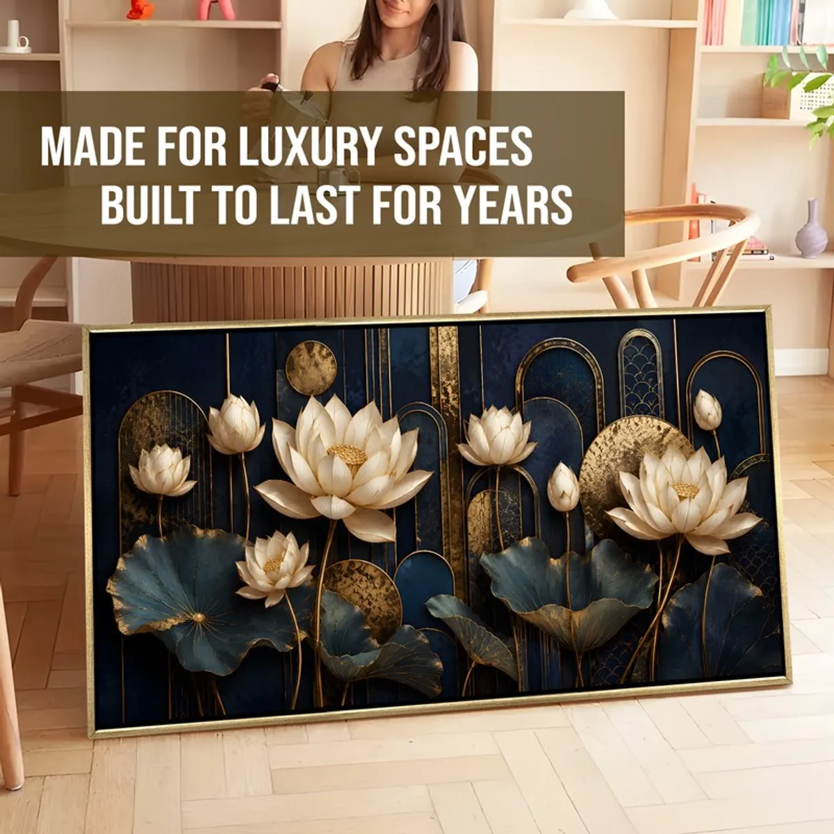 Large framed lotus canvas painting leaning against a wall indoors