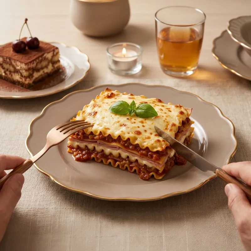 Scalloped grey plate with gold rim serving a lasagna portion