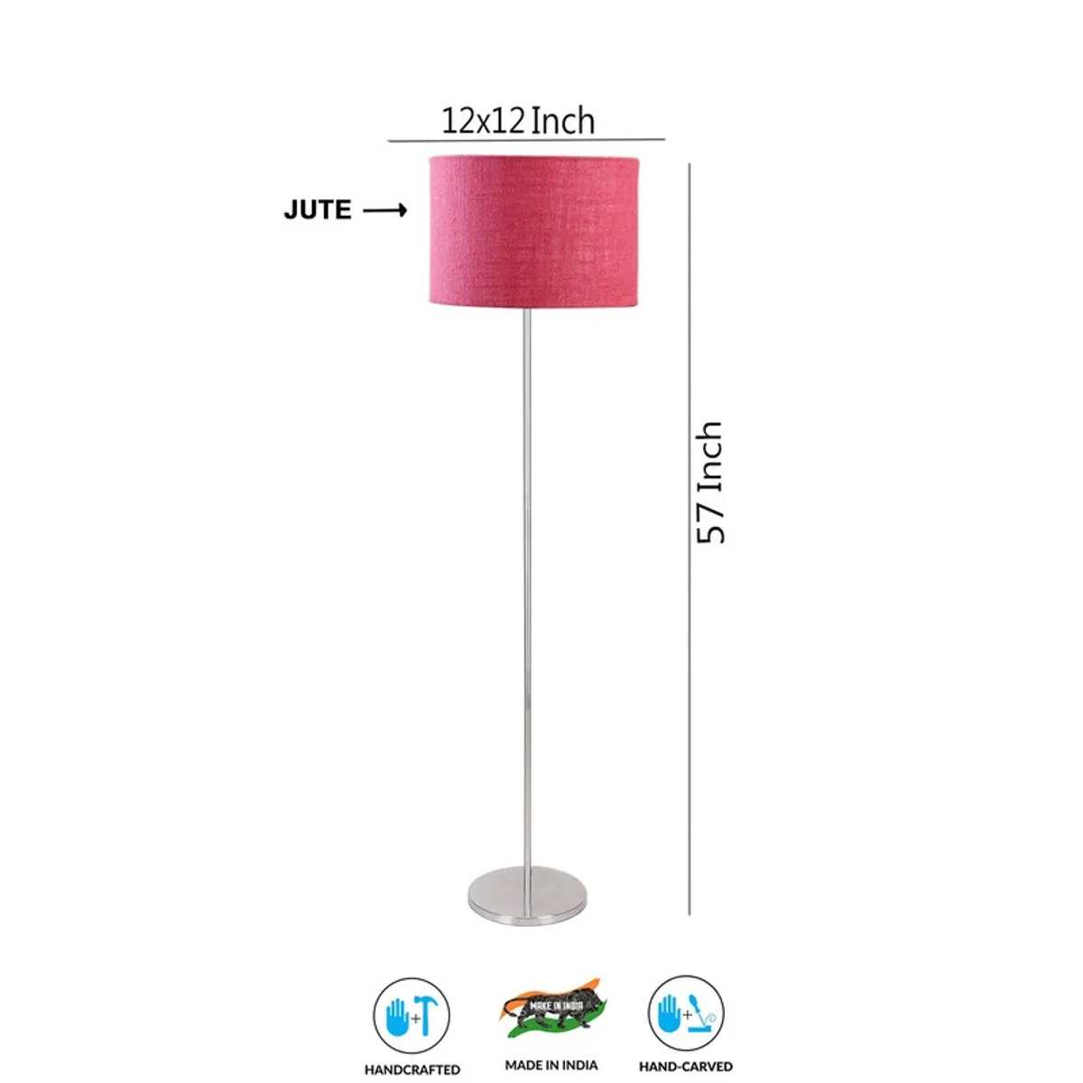 Pink floor lamp shown front-on with text labels and icons