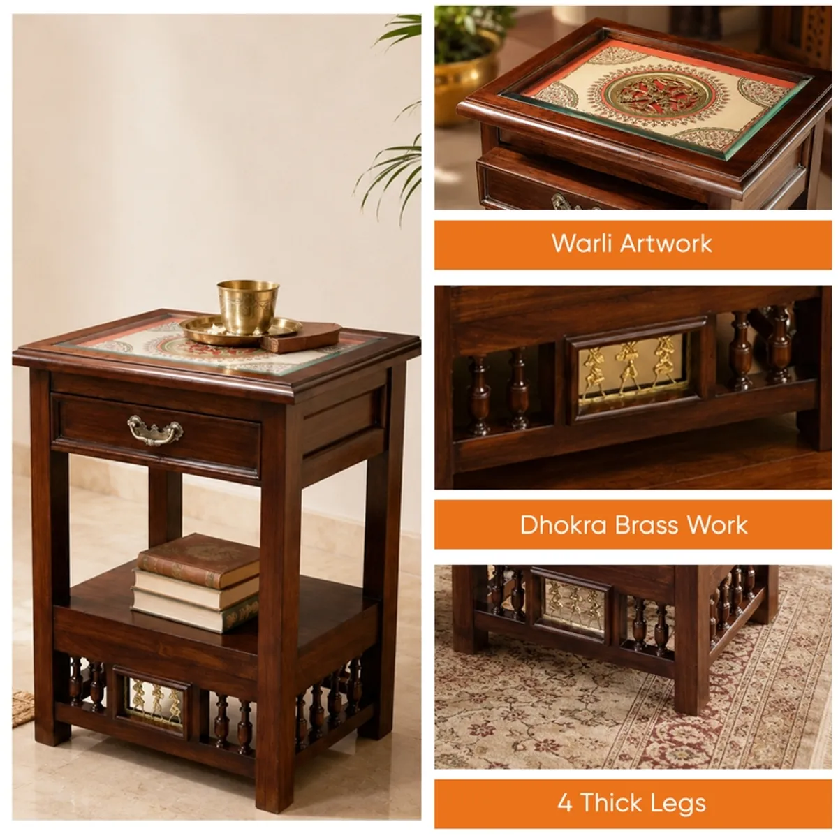 Brown wooden side table with drawer, lower shelf and decorative panel details