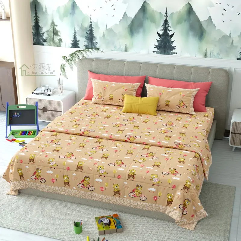 Wheels Land Printed Cotton Kids Bedsheet (Beige) - 120 TC