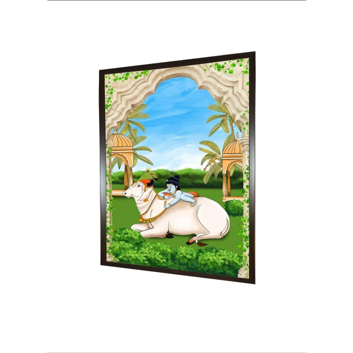 Angled view of framed Baby Krishna on Nandi canvas wall painting