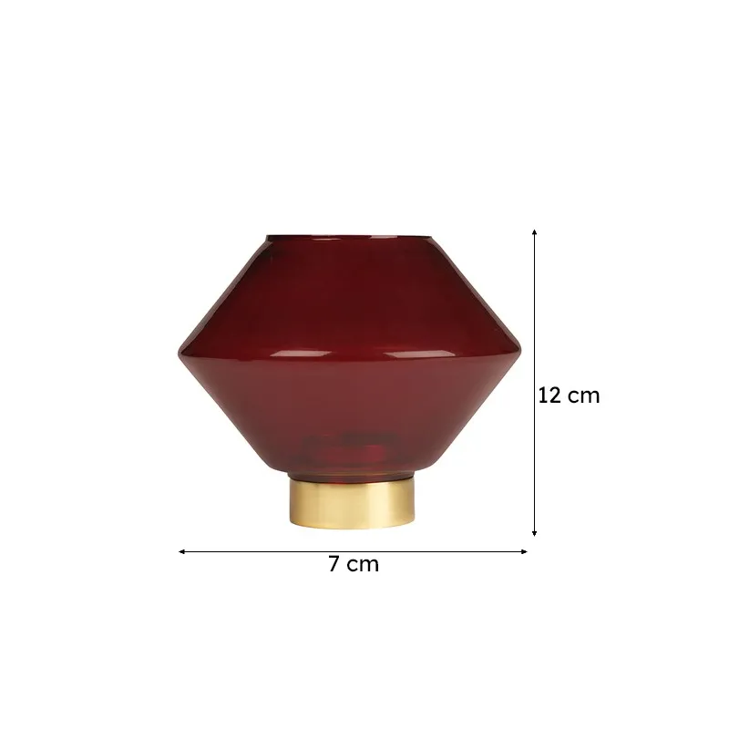Ruby red glass candle holder with gold base and size shown