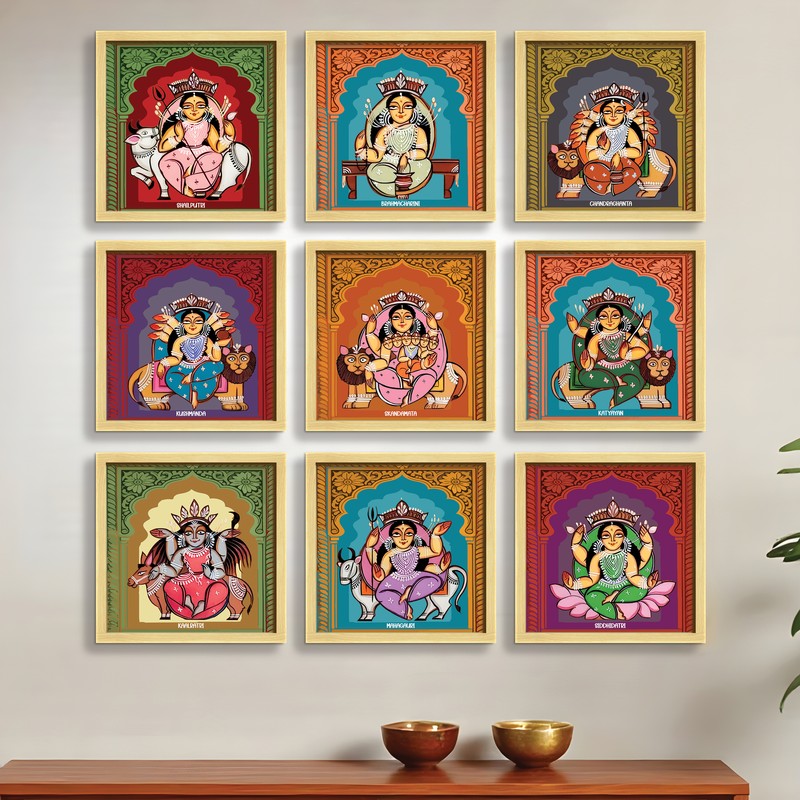 Nine Forms Of Durga Wall Painting With Frame - Set of Nine