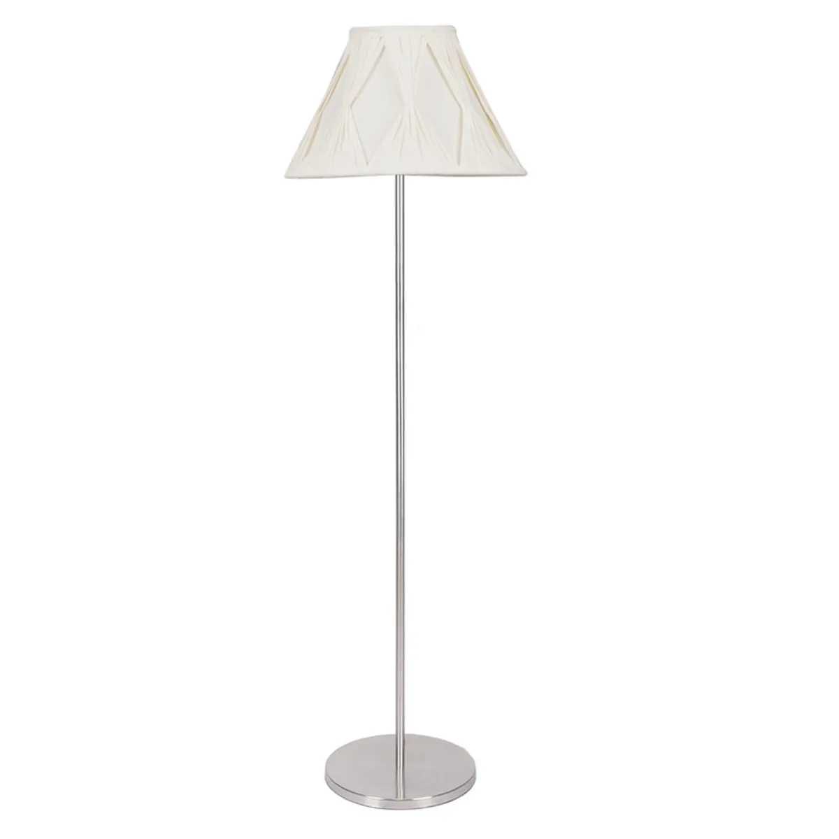 Studio view of a white tapered floor lamp with a round metal base
