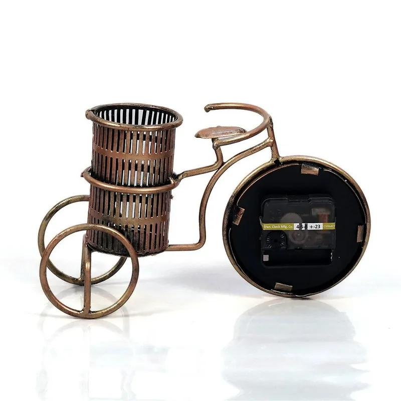 Rear view of bicycle-shaped metal pen stand with clock housing
