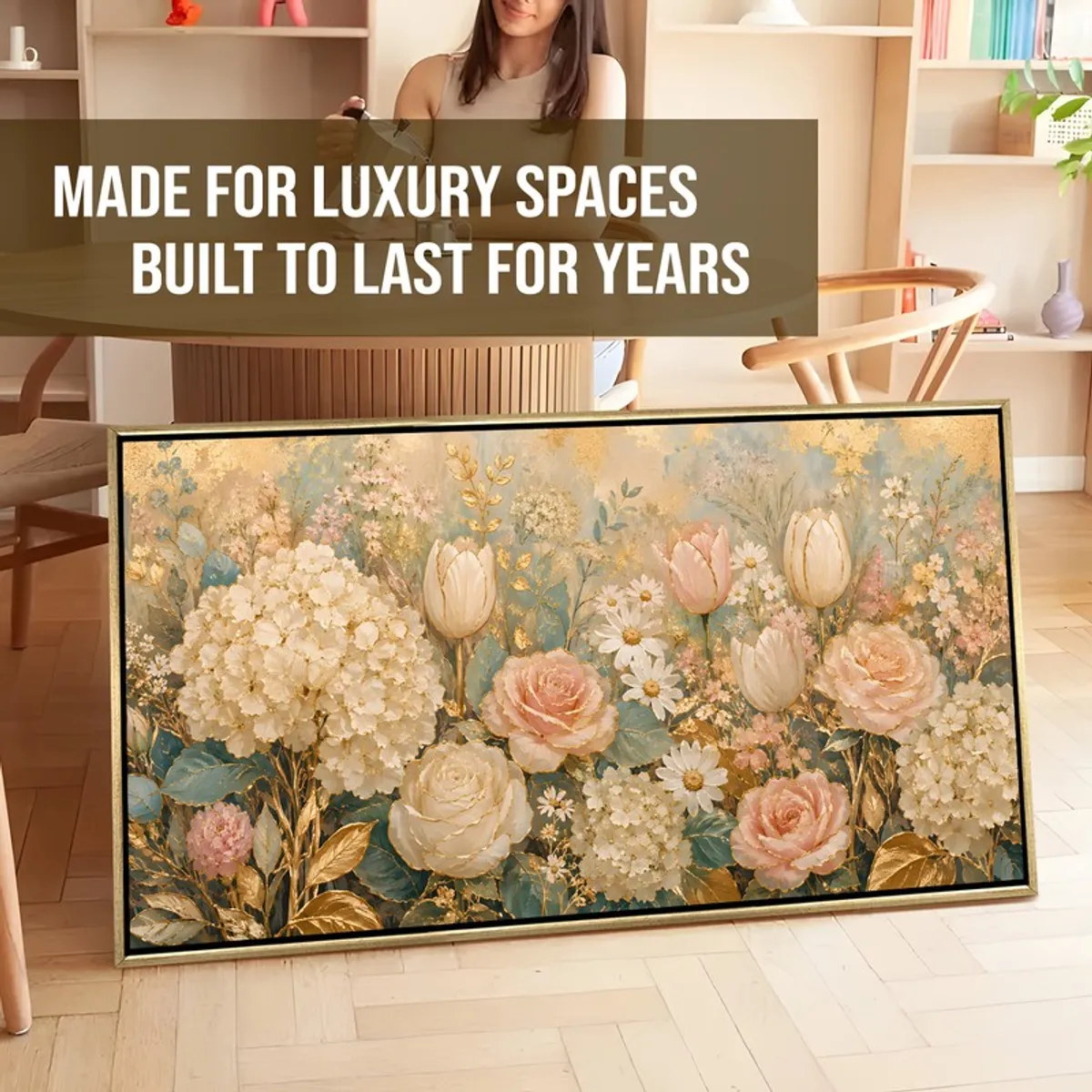 Floral canvas wall art shown in a modern interior with a text banner