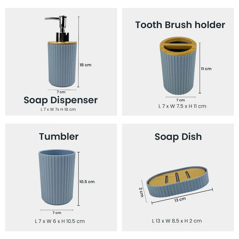 Grey four-piece bathroom accessories set presented as a gift