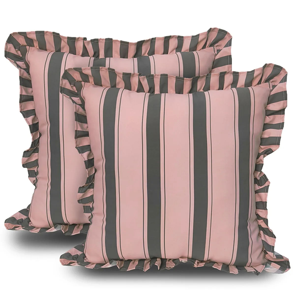 Pair of pink and grey striped square cushion covers with ruffled edges