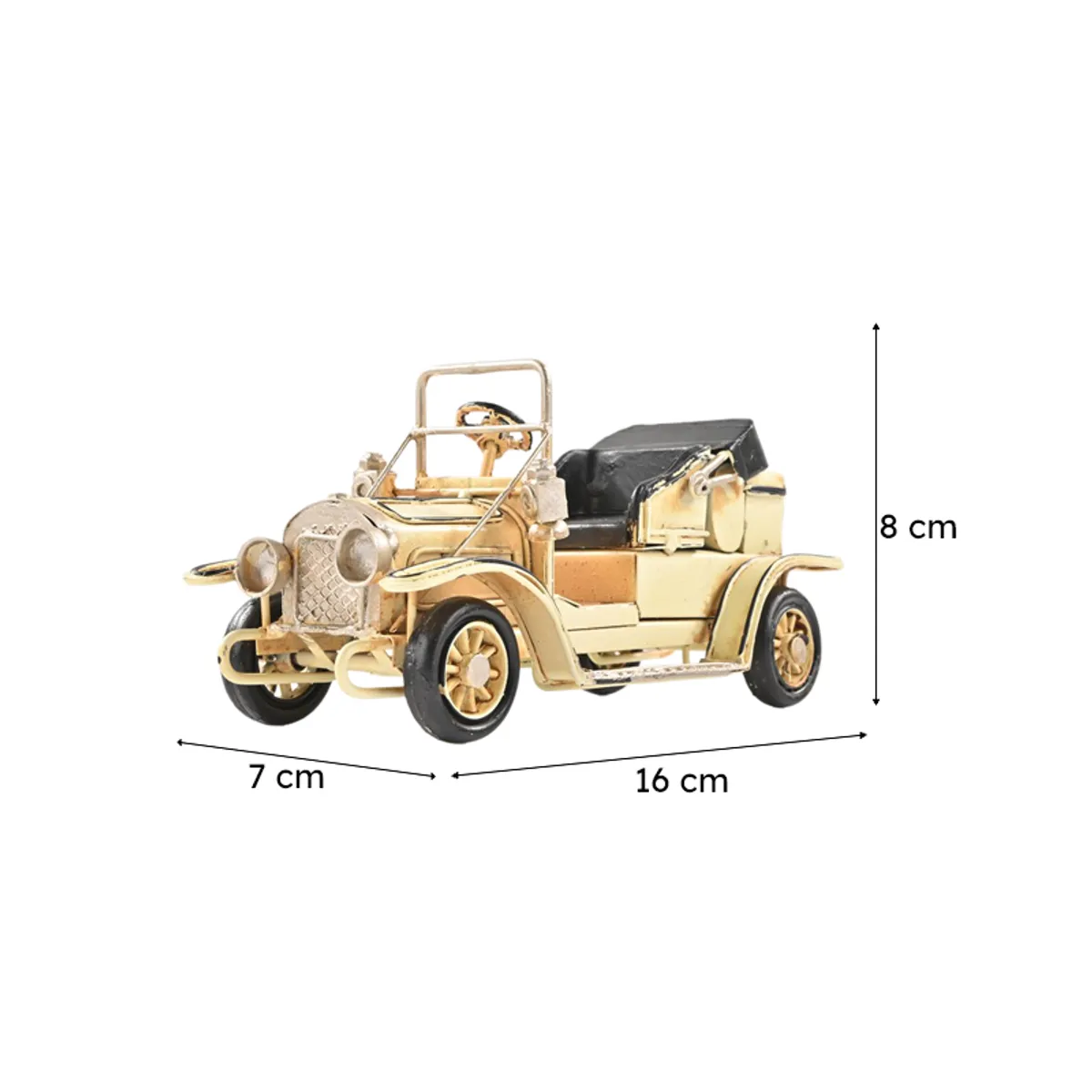 Vintage car showpiece on white background with dimensions marked