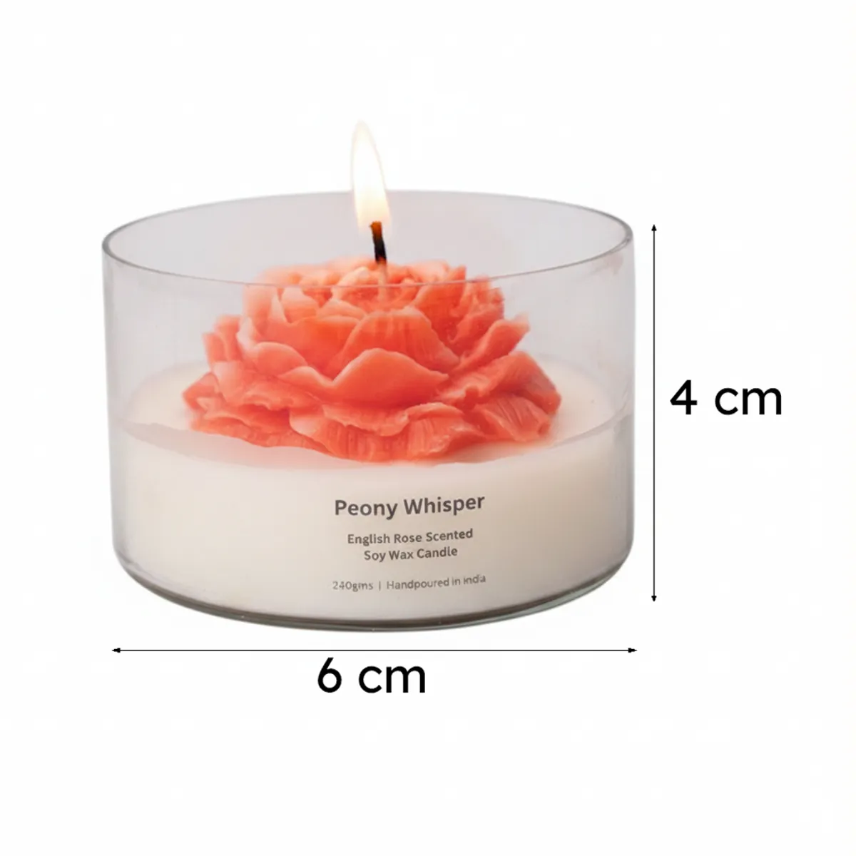 Rose-shaped candle shown with dimension arrows on a white background