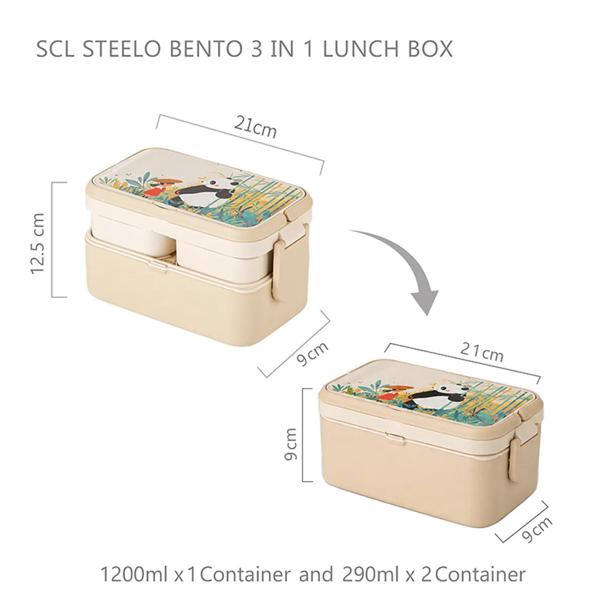 Beige panda-print lunch box shown with its length, breadth and height dimensions
