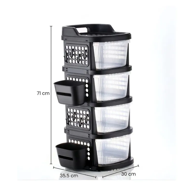 Black four-tier rack shown with height, width and depth measurements