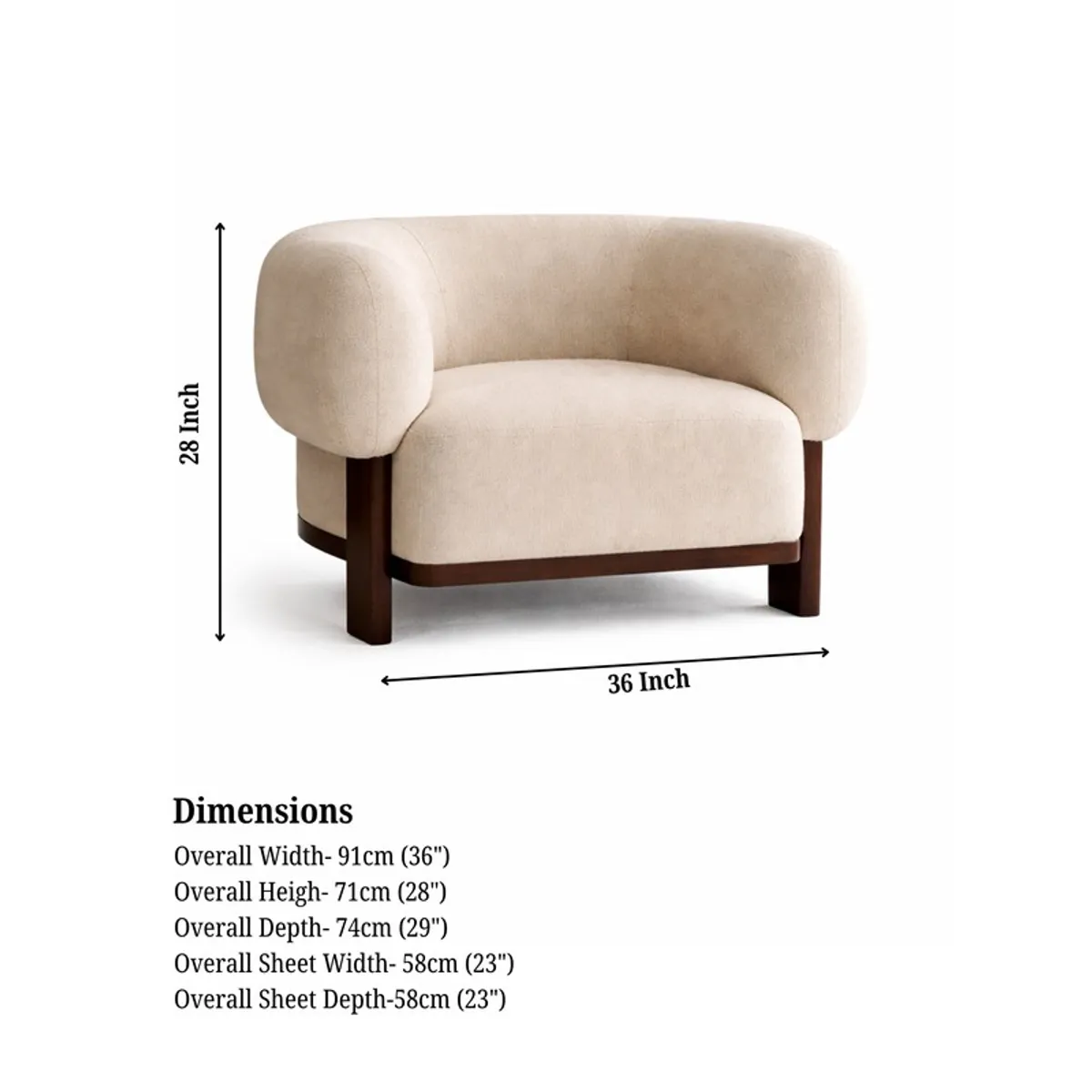 Beige accent chair shown with overall width and height dimensions