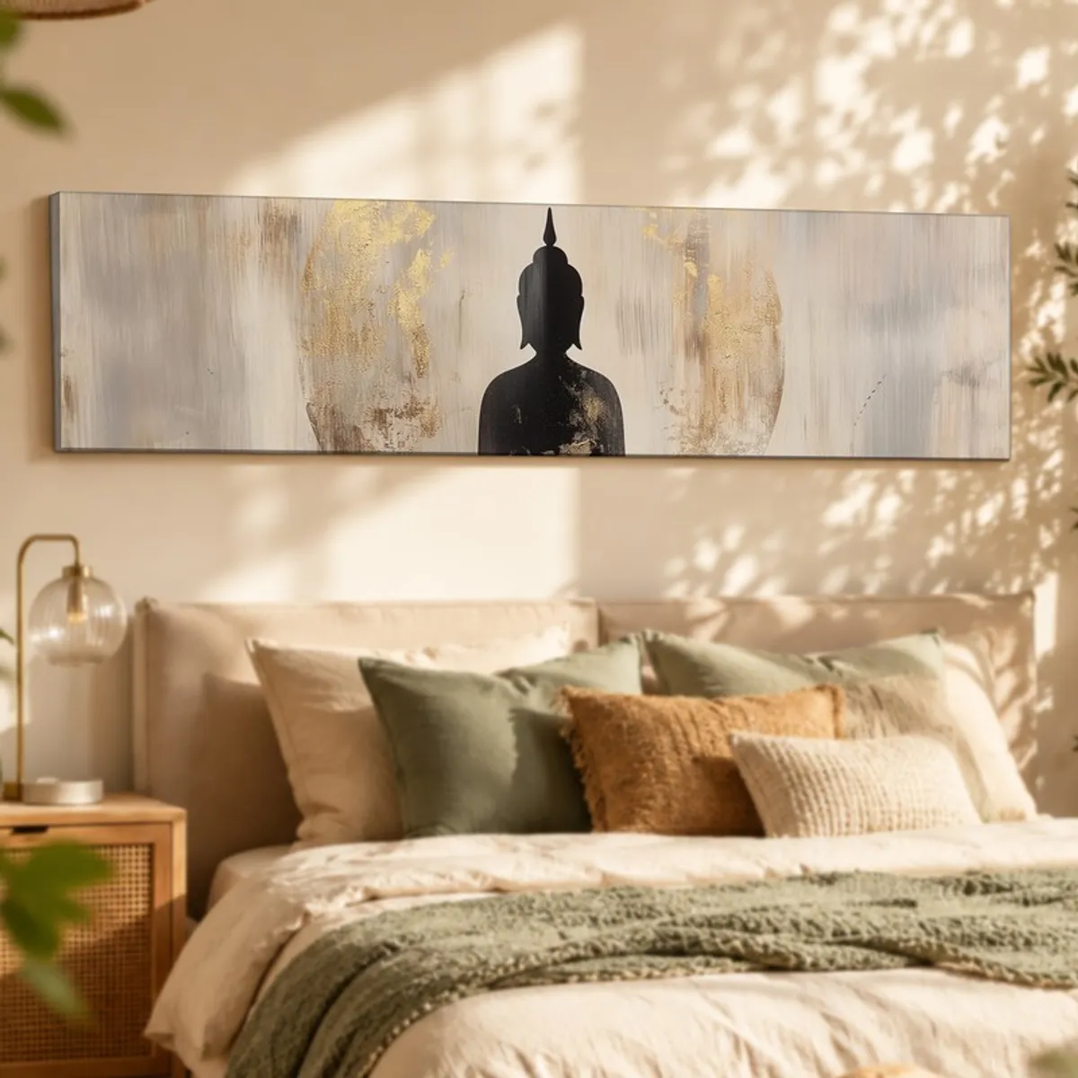 Long rectangular Buddha canvas wall art in grey and gold above a bed